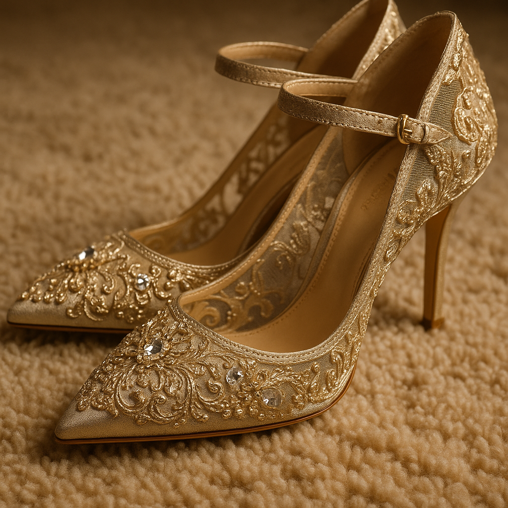 A pair of exquisite gold heels with intricate embroidery and embellishments.