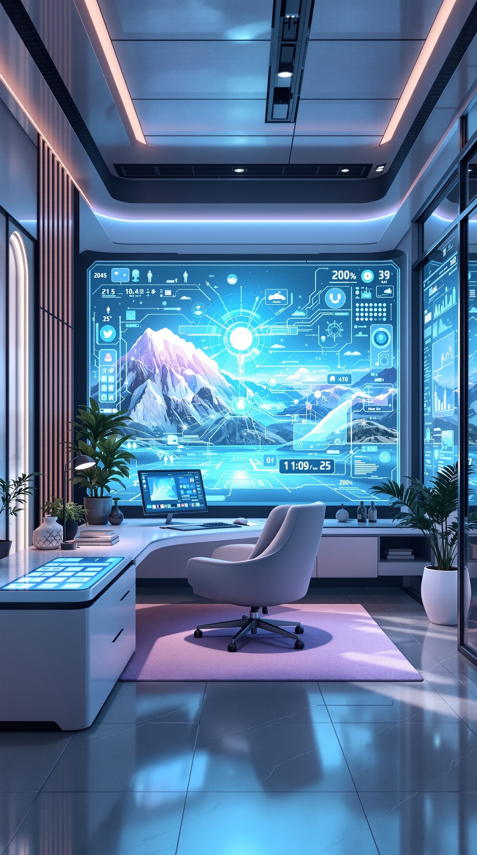 A futuristic workspace featuring augmented reality displays and modern furniture.