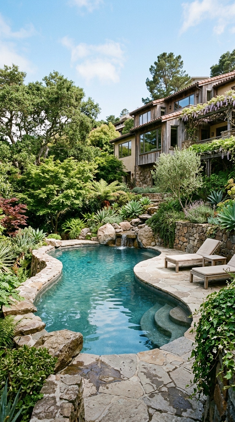 A beautifully designed pool surrounded by lush greenery and natural stone features.