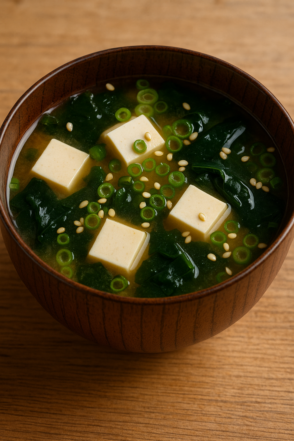 A comforting bowl of savory miso soup with tofu, seaweed, and green onions.