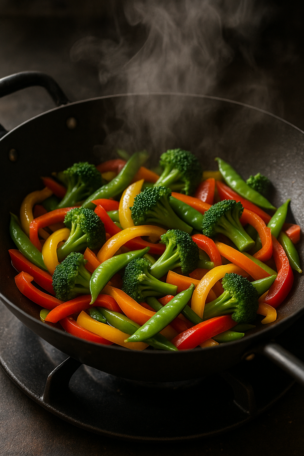 A vibrant vegetable stir-fry with broccoli, bell peppers, and snap peas.