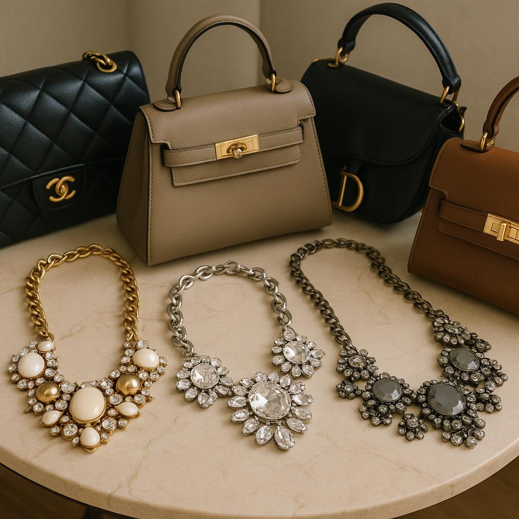 A collection of necklaces and handbags showcasing chic accessories for women's fashion.