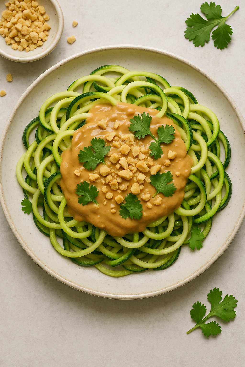 Zucchini noodles topped with peanut sauce, chopped peanuts, and cilantro.