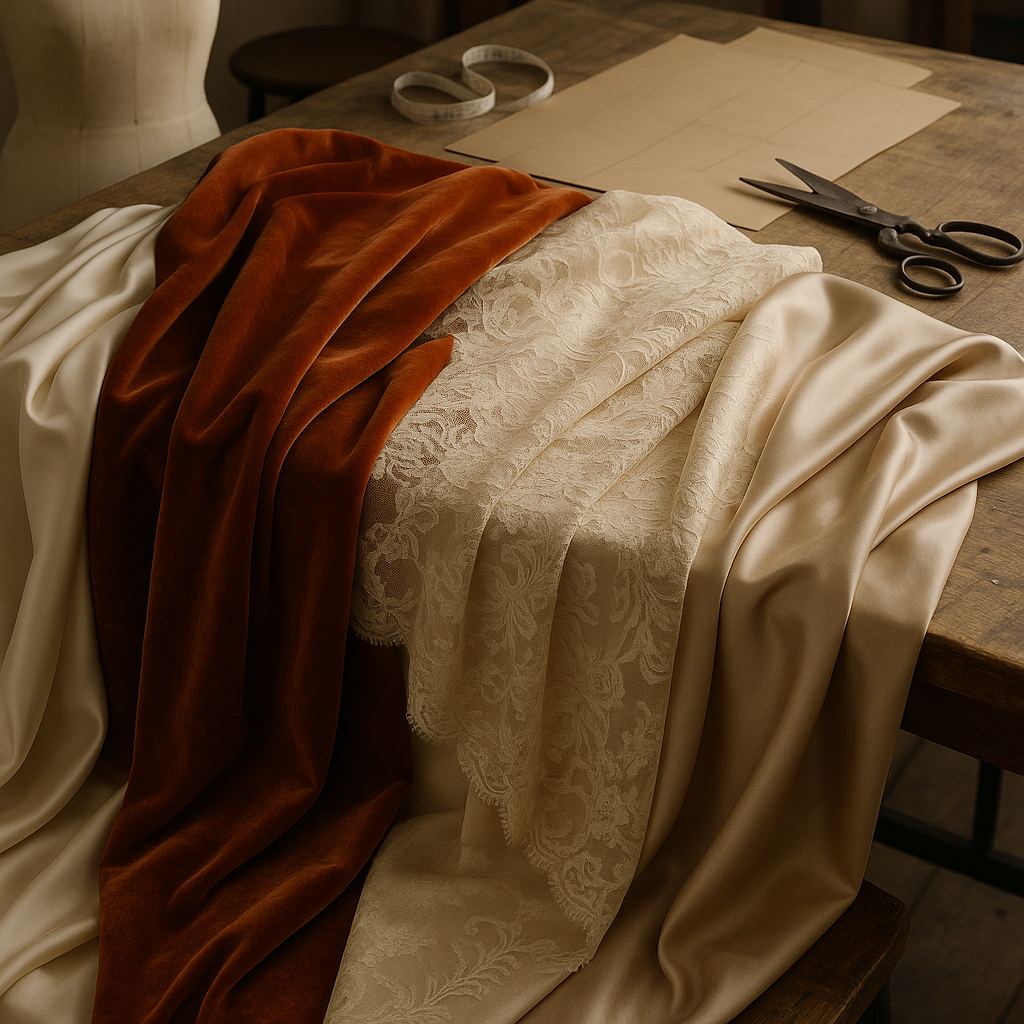 An assortment of luxurious fabrics including satin, velvet, and lace, displayed on a wooden table