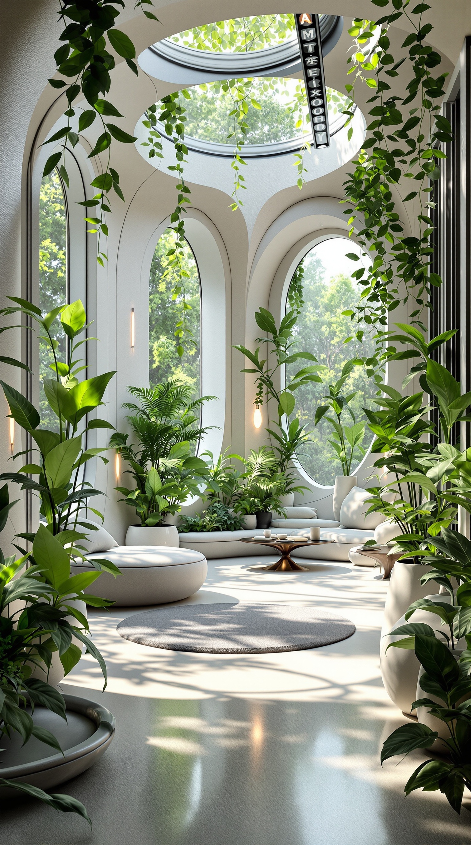 A beautifully designed room with large windows, skylights, and various plants, showcasing biophilic design.