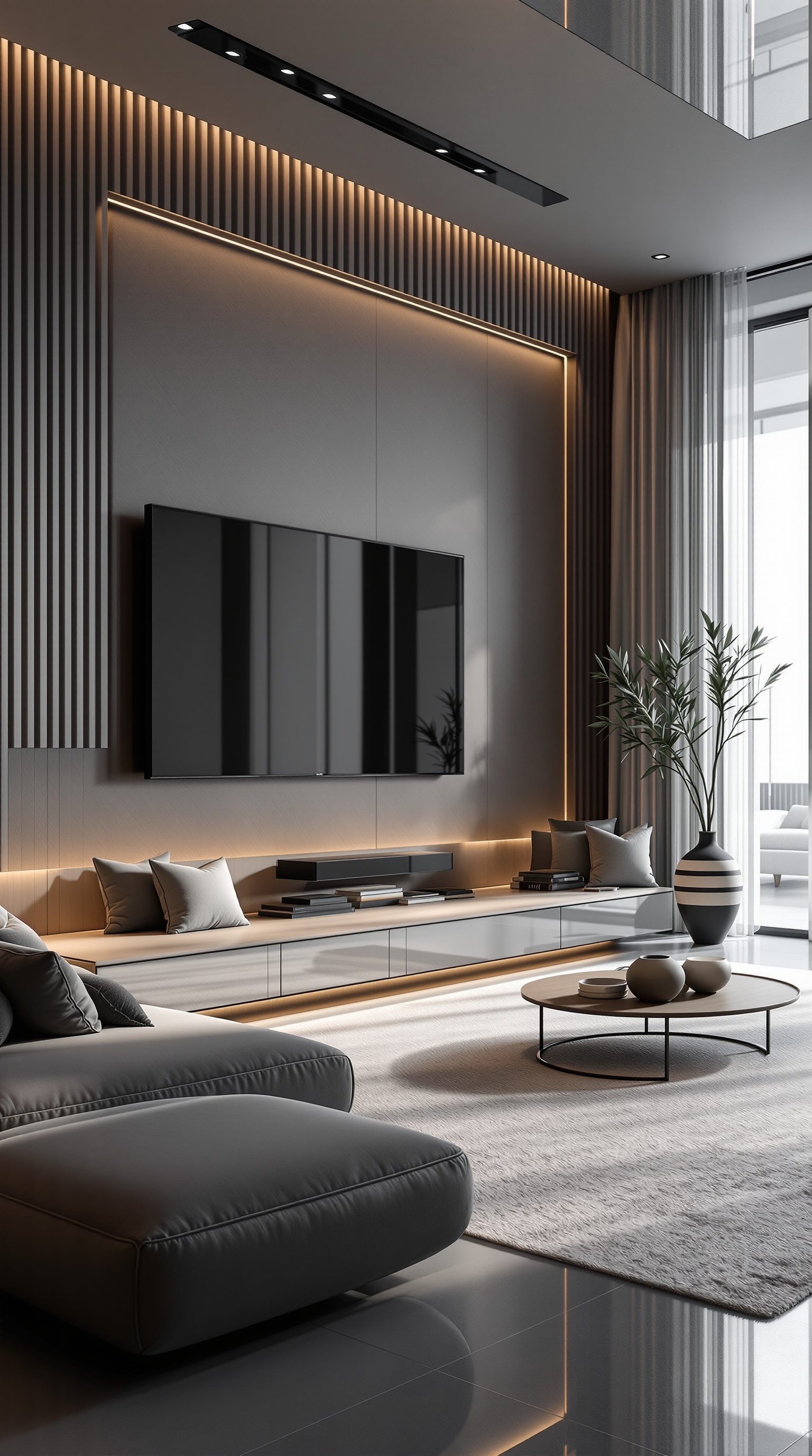 A modern living room featuring sleek minimalistic design with smart technology elements.