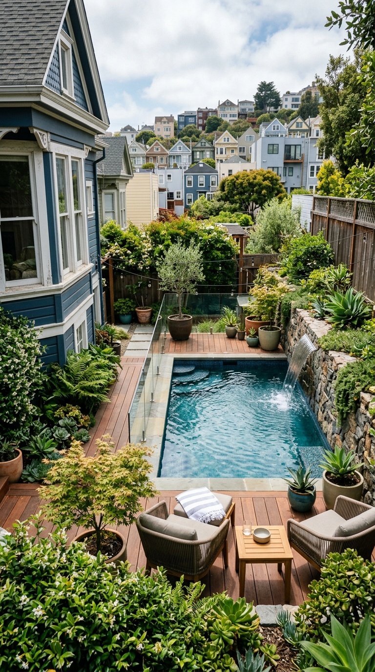 Stylish pool area in a San Francisco backyard surrounded by plants and cozy seating.