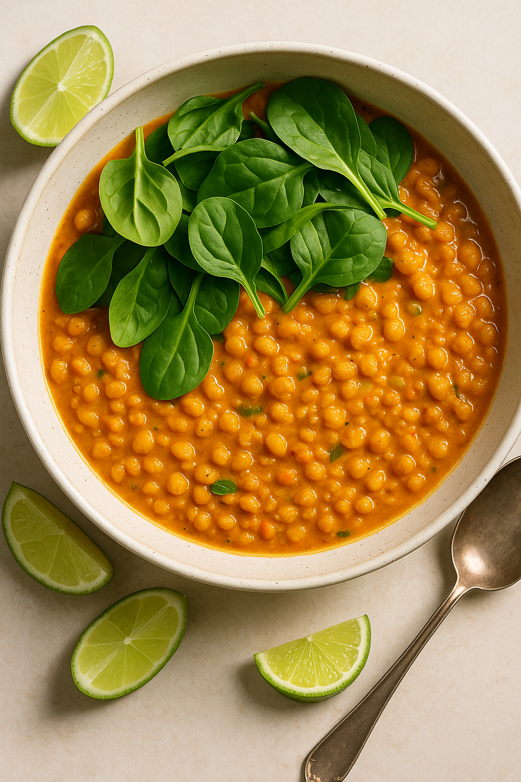 A bowl of coconut curry lentils topped with fresh spinach and lime slices