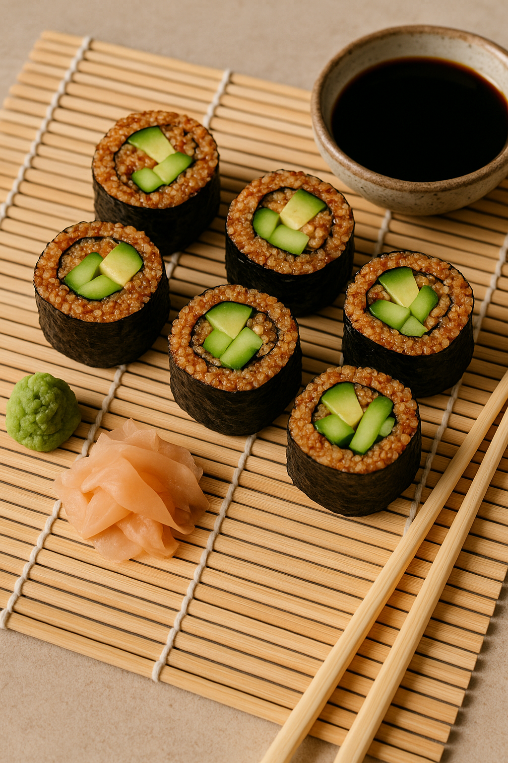 A display of spicy quinoa sushi rolls with cucumber and avocado.