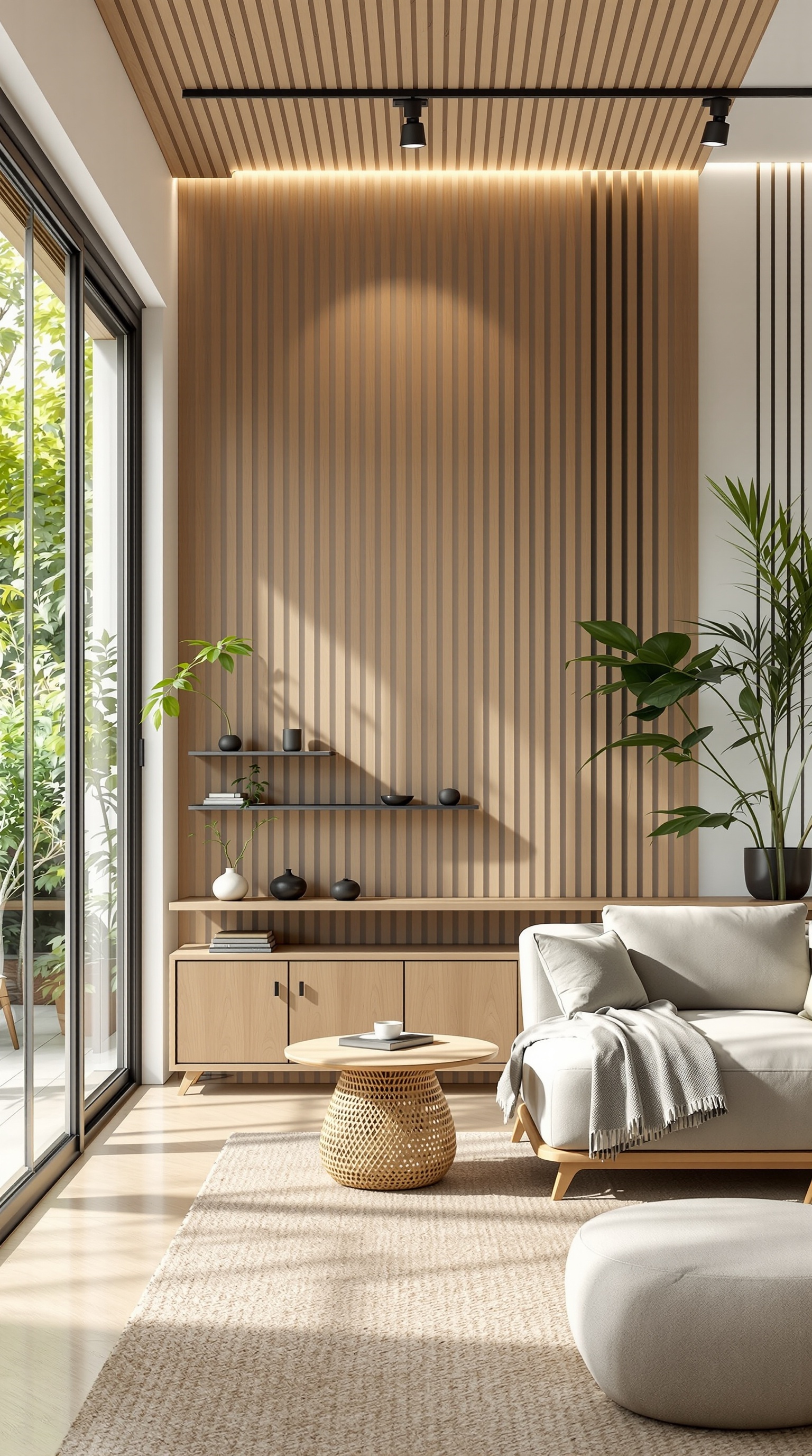 A modern living room featuring wood paneling, plants, and sustainable furniture.