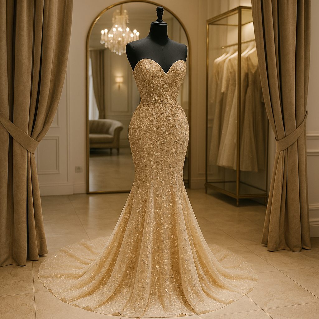 Elegant evening gown displayed on a mannequin in a stylish setting