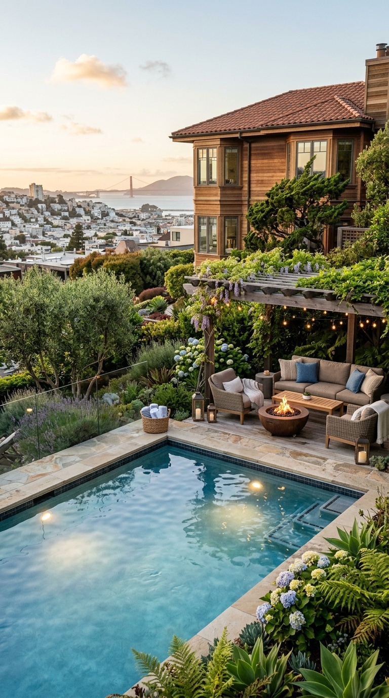 A beautifully designed pool in a San Francisco home with a cozy seating area and fire pit.