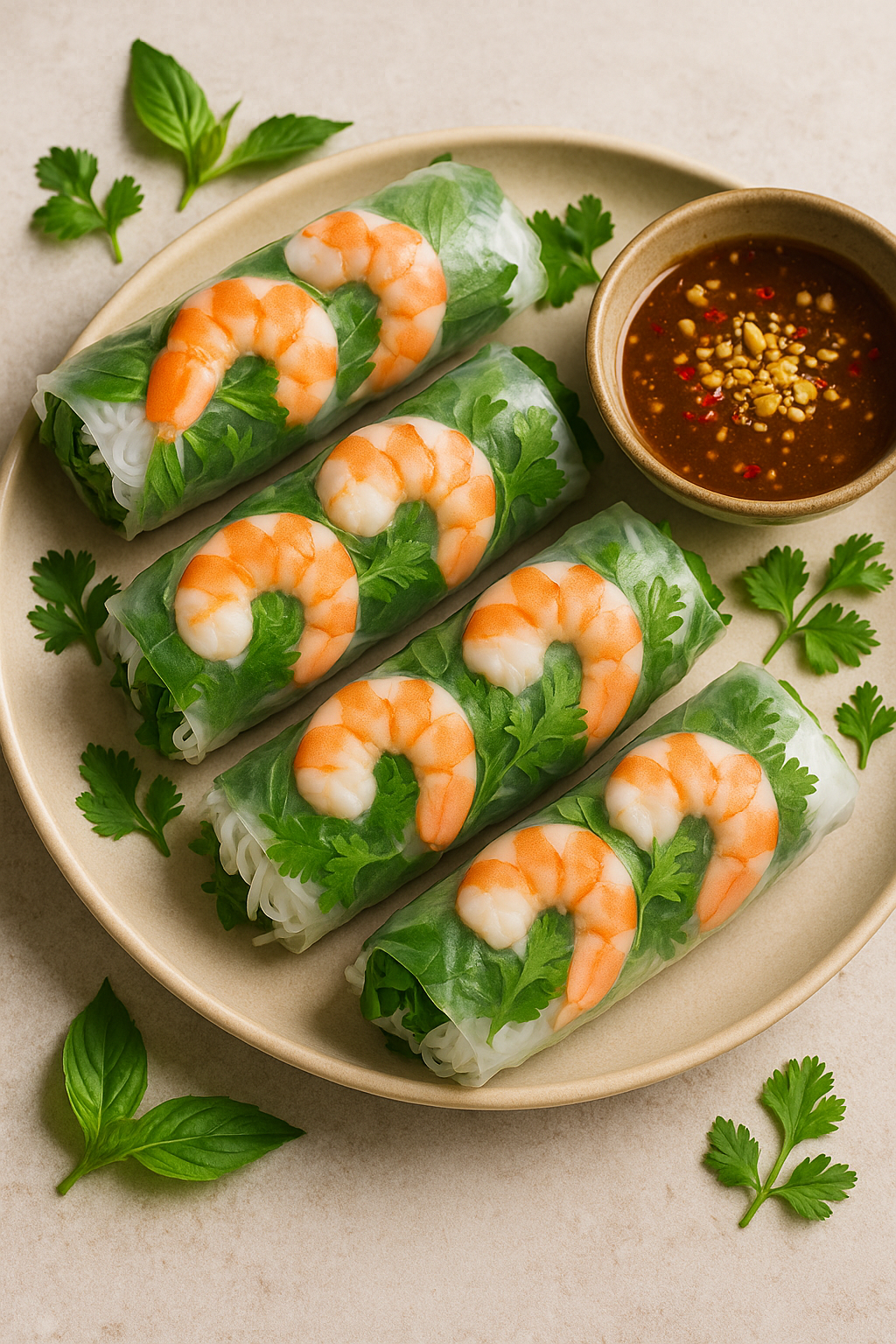 Five herb-infused rice paper rolls with shrimp and fresh herbs served on a plate with a dipping sauce