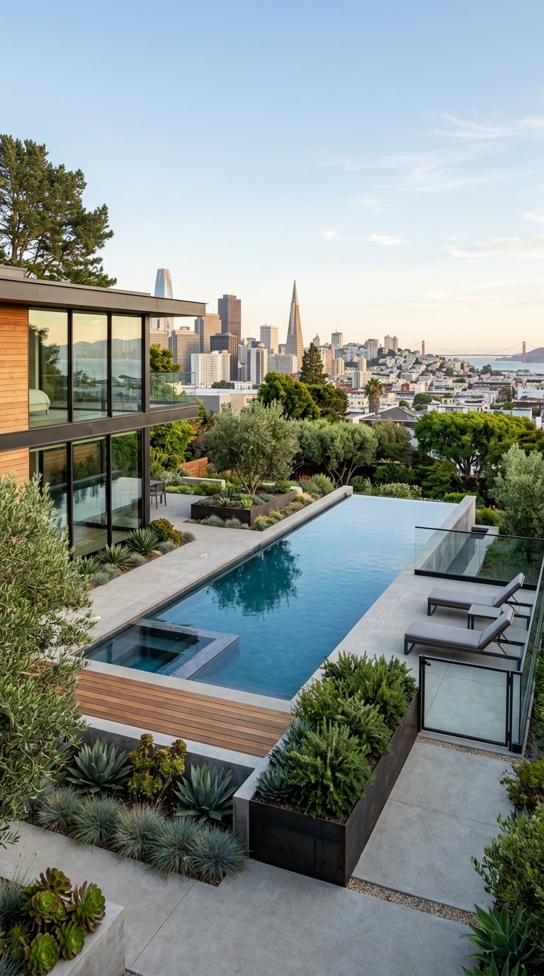 Modern pool design in a San Francisco home with city views and landscaping.