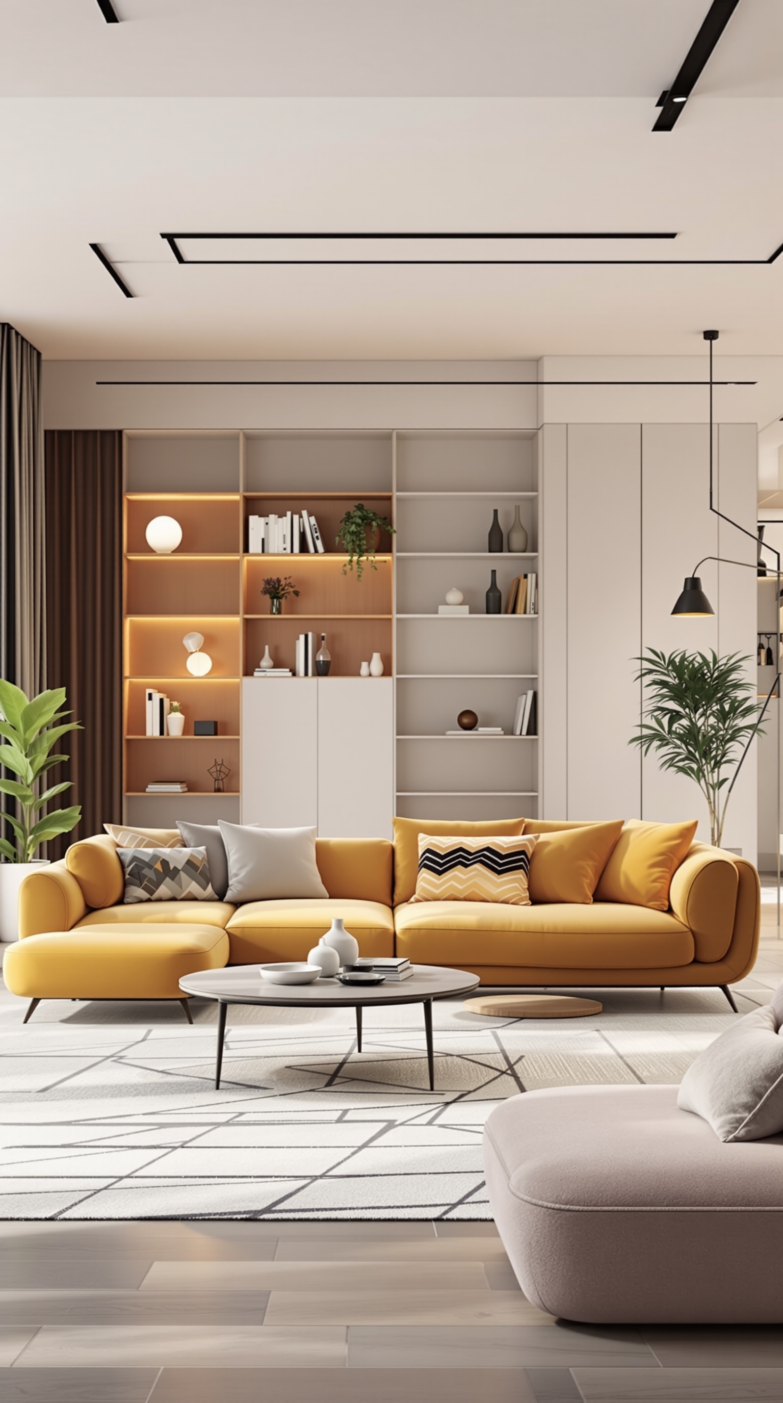A modern living room featuring a yellow couch, a round coffee table, and a stylish modular shelving unit.