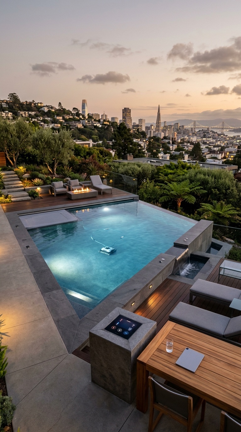Modern pool with smart technology and a view of San Francisco skyline.
