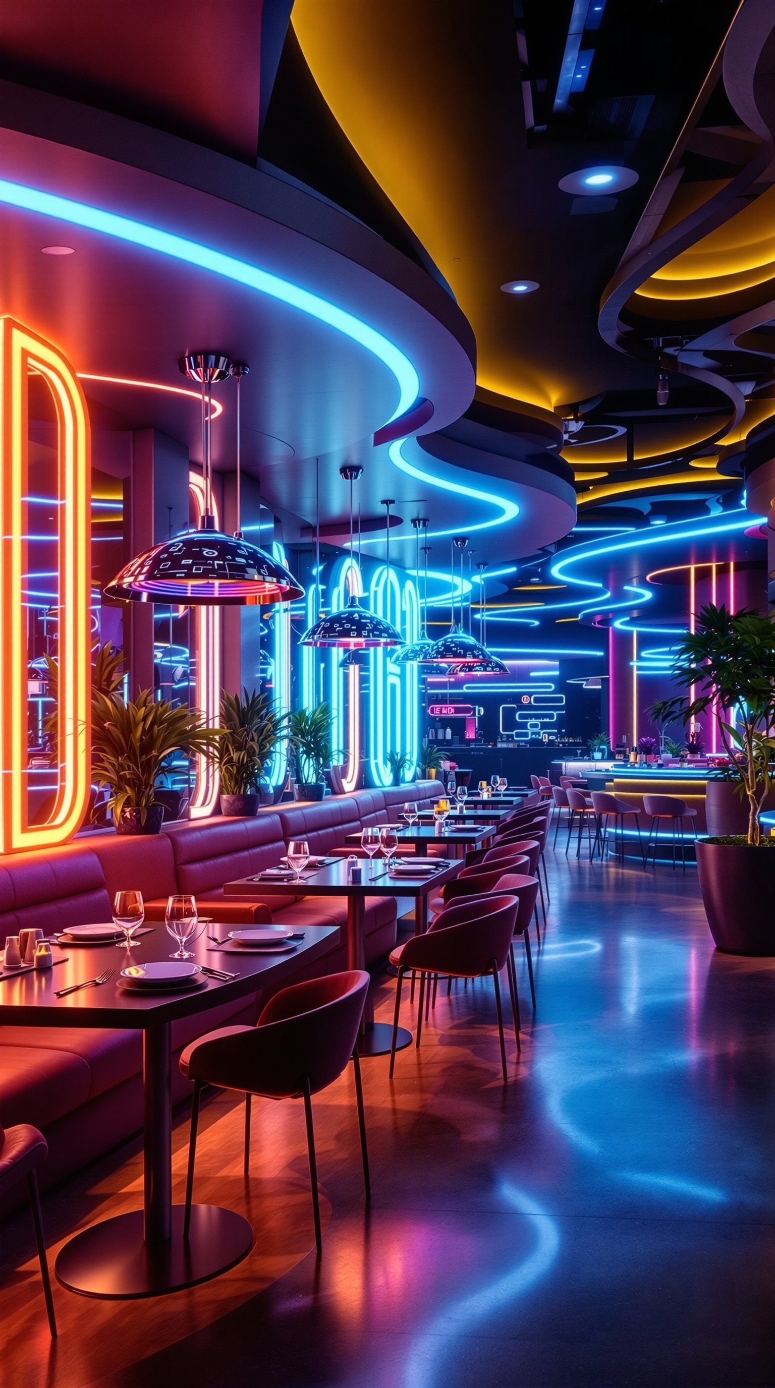 A vibrant interior with dynamic lighting, featuring neon colors and modern furniture