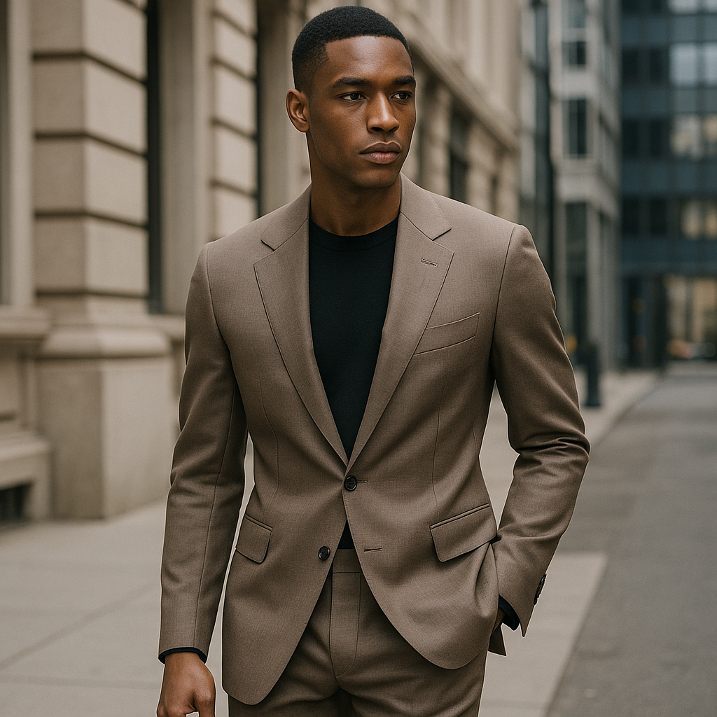 A man wearing a tailored brown suit with a black shirt, walking in an urban setting.